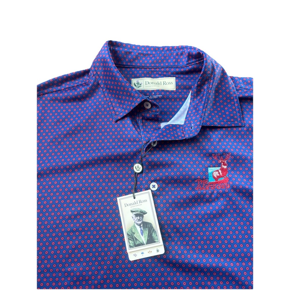 Donald Ross Polo Shirt Mens Large Blue Print Short Sleeve ALS Hartford Golf NEW